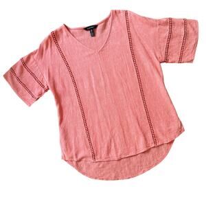 Ellen Tracy Women’s M Linen Blend Coral Tunic Blouse Crochet Trim Boho Coastal